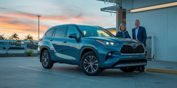 2025 Toyota Highlander with customers standing by after Toyota Collision Repair Los Angeles
